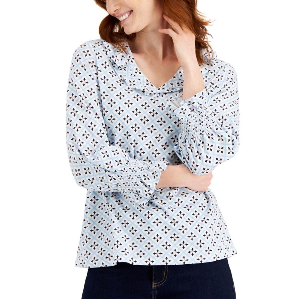 Charter Club Geo-Print Ruffled-Collar 3/4-Sleeve Top
